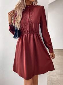 SHEIN LUNE Guipure Lace Insert Shirt Dress - Brown - View 6