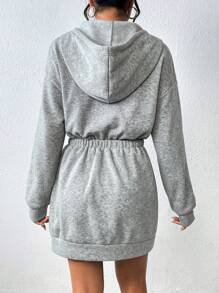 SHEIN LUNE Một nửa khóa kéo Thả vai Dây rút Váy Hoodie - Xám - Xem 2
