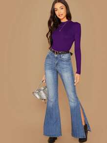 SHEIN Essnce Mock Neck Solid Tee - Violet Purple - View 5