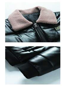 Men Borg Collar Letter Patched Detail Padded Coat - Black - View 4