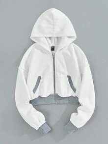 SHEIN EZwear Contrast Binding Drop Shoulder Zip Up Hoodie - Multicolor - View 3