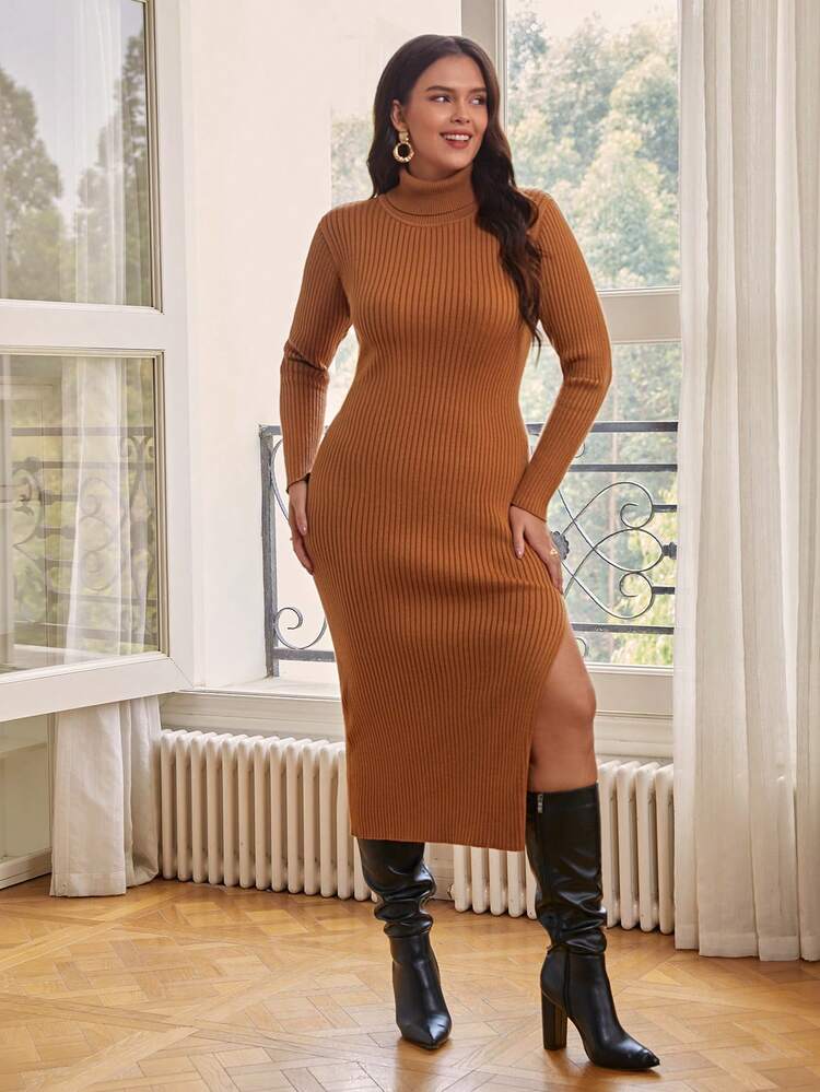Plus Size Slim Fit High Neck Sweater Dress Without Belt