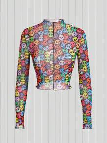 Muchica Allover Floral Print Mesh Top - Multicolor - View 1
