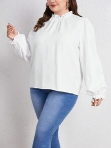SHEIN Privé Plus Frill Trim Mock Neck Flare Sleeve Blouse - White - View 5
