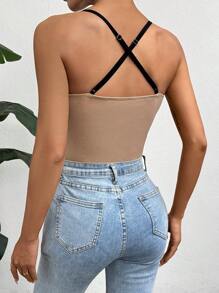 SHEIN Privé Women's Colorblock Cami Bodysuit With Binding Trim - Khaki - View 4