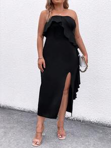 SHEIN Clasi Plus Ruffle Trim Split Thigh Tube Dress - Black - View 4