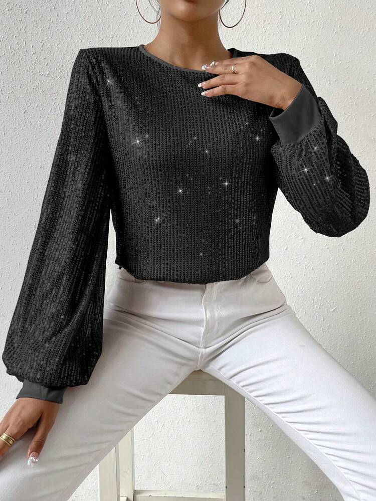 Lantern Sleeve Sequin Blouse Fall Cloth For Women