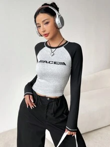 SHEIN EZwear Letter Graphic Raglan Sleeve Tee - Grey - View 3