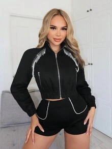 SHEIN SXY 鑲有水晶流蘇拉鍊短外套 - 黑色 - 查看 5