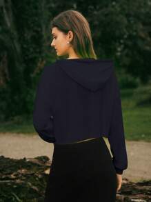 SHEIN EZwear Capucha crop de hombros caídos con cordón - Azul Marino - Ver 2