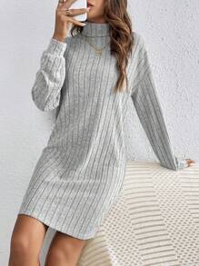 SHEIN Frenchy Turtleneck Drop Shoulder Grain Fabric Dress With Sleeves Ribbed Knit Dress - Grey - View 6
