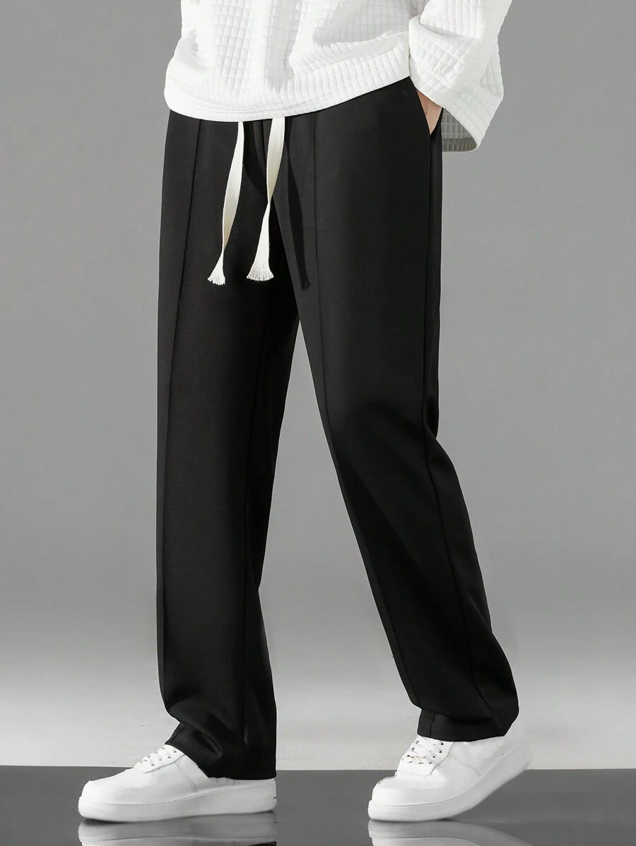 男士加大码纯色口袋直筒休闲抽绳腰裤 - 黑色 - 查看 1