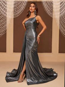 SHEIN Belle 漆塗層布料,一肩,褶皺,拼布,高開衩,魚尾下擺,透明設計女式晚禮服(重型款) - 深灰色 - 查看 7