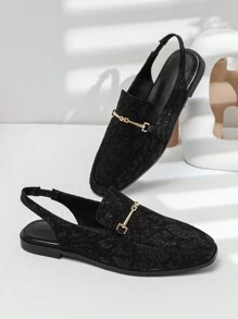 Black Lace Fashionable Women's Shoes With Square Toe And Metal Buckle For Slimming Look