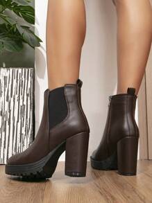 European & American Style Round Toe Chelsea Boots, Women High Heel Waterproof Platform Thick Heel Fashion Boots, Side Zipper, Elegant Black Color, Suitable For Party, Festival, Wedding, With Rhinestone Ribbon & Bow Decor - Brown - View 4