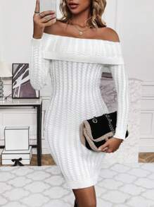 Chiquease Vestido de punto ajustado de hombros descubiertos doblado - Blanco - Ver 4