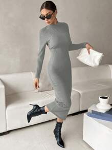 SHEIN Privé 削空骨織露背修身連身裙 - 灰色 - 查看 1