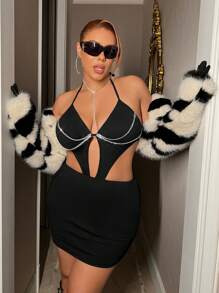 SHEIN ICON Slim Fit Plus Size Halter V-Neck Dress With Diamond Chain Decoration - Black - View 7