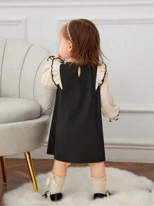 SHEIN Đứa bé gái Hai âm Nơ mặt trước Viền Ruffle tay áo lá sen Đầm - màu đen - Xem 2