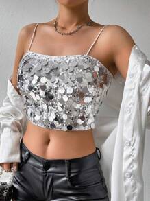SHEIN Privé Gorgeous Glittery Short Cami Top For Women - Silver - View 5