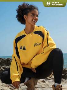 In My Nature Letter & Mountain Embroidery Raglan Sleeve Outdoor Sweatshirt - Yellow - View 1
