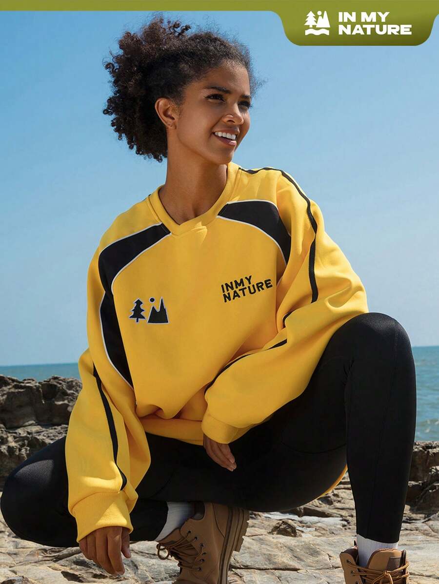 In My Nature Letter & Mountain Embroidery Raglan Sleeve Outdoor Sweatshirt - Yellow - View 1