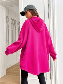 SHEIN EZwear 落肩袖抽繩連帽衫 - 玫紅色 - 查看 2