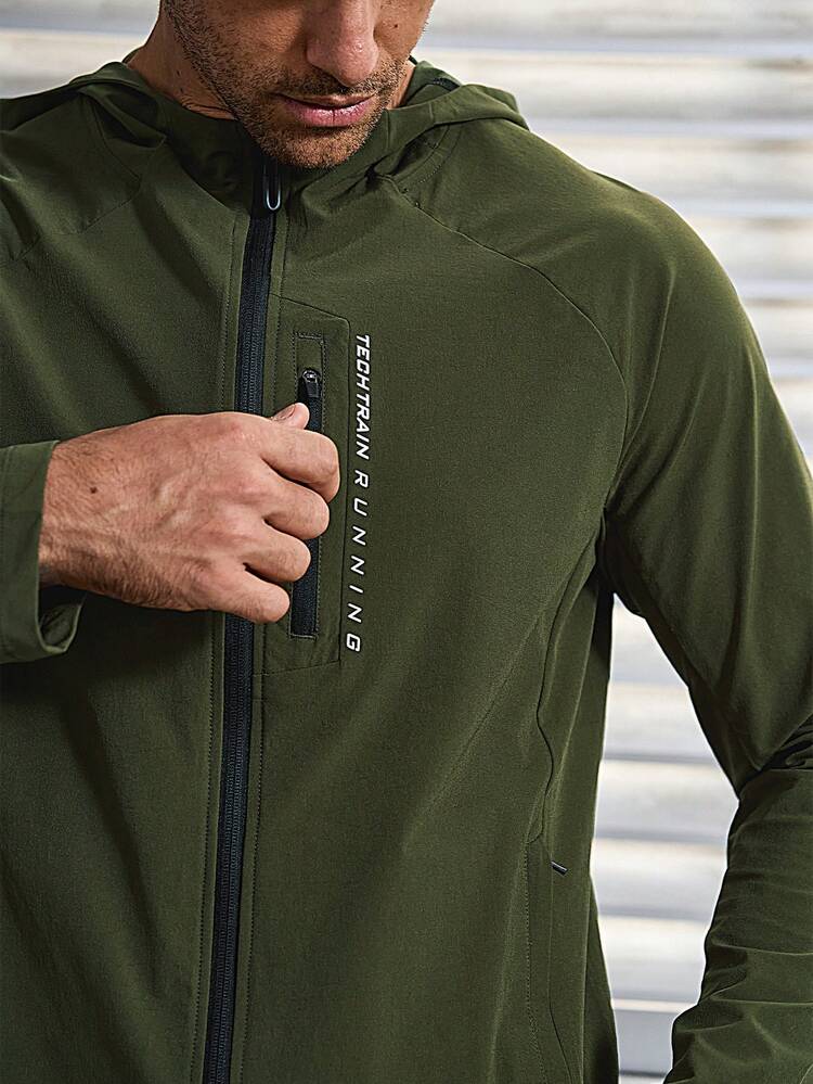 Men Letter Graphic Zip Up Hooded Sports Jacket Workout Tops Sports Jacket