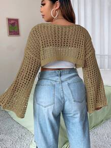 Flirla 1 Miếng Lưới Đan Quần skinny Áo len Với chuông - Màu Khaki - Xem 2
