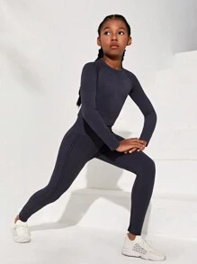 運動場合適用的青少年女童無縫針織純色長袖t恤和褲子套裝 - 霧霾藍 - 查看 5