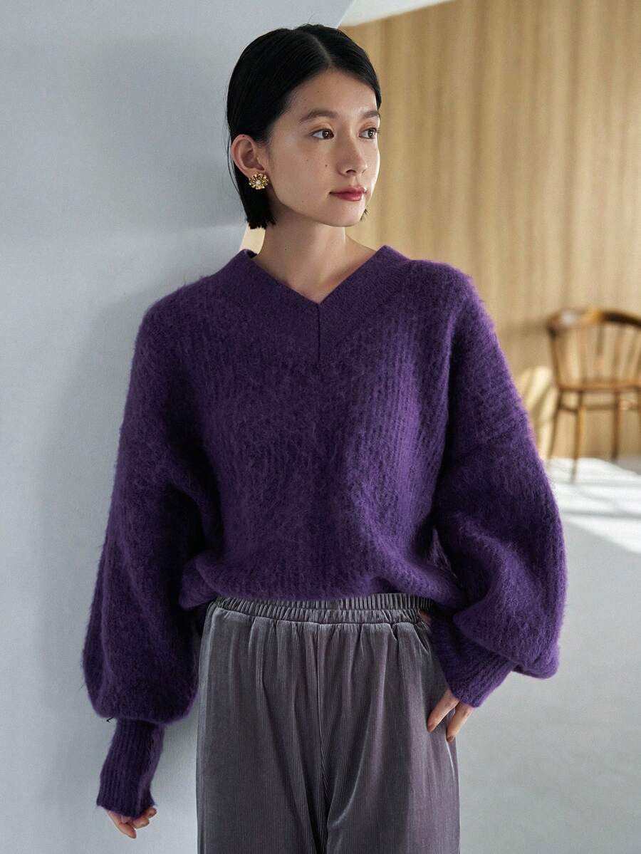 FRIFUL 女士純色v領毛衣 - 紫色 - 查看 1