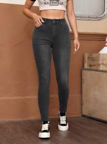 SHEIN EZwear 净色拉链门襟紧身牛仔裤 - 灰色 - 查看 3