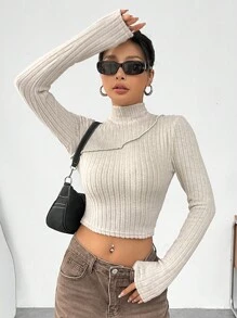 SHEIN EZwear 凸凹羅紋立領長袖t卹 - 米色 - 查看 4