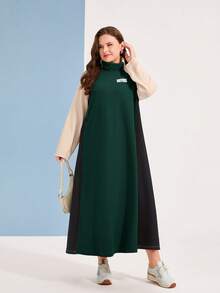 Mulvari 大碼字母貼布撞色插肩袖洋裝 - 墨綠色 - 查看 4