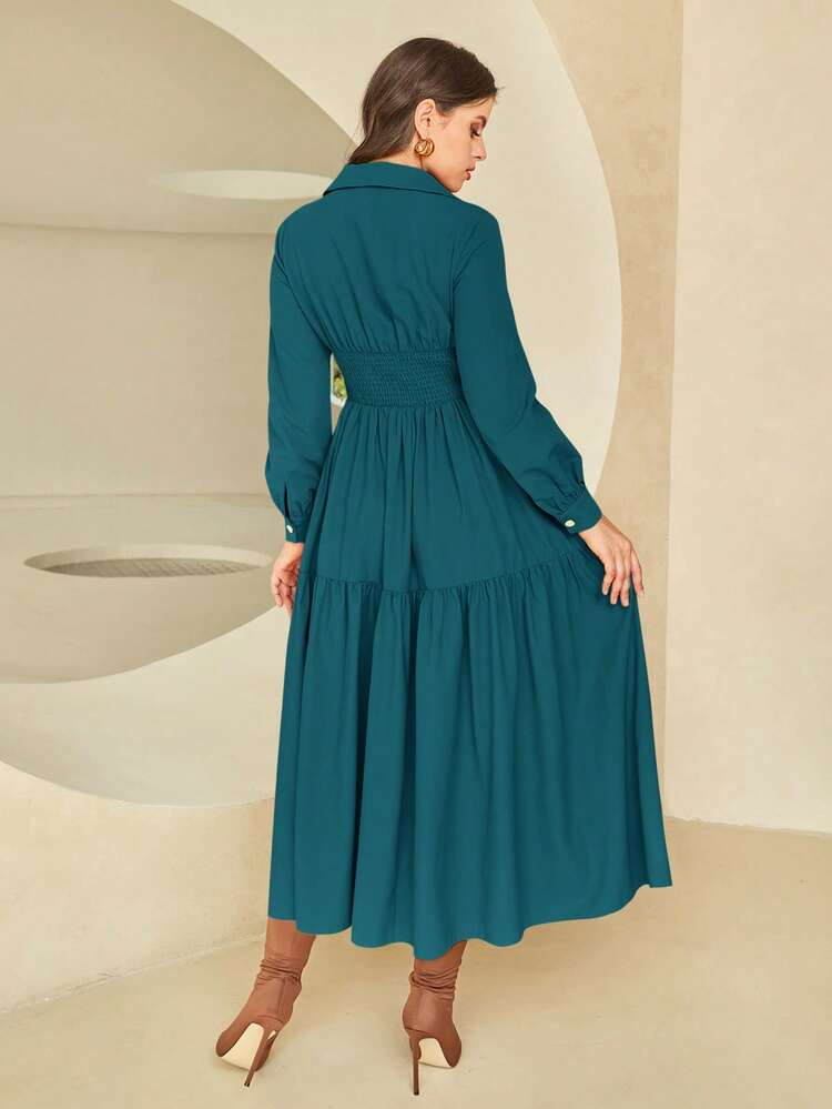 Solid Button Front Ruffle Hem Shirt Dress