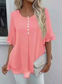 EMERY ROSE 純色擴口袖襯衫,配有模擬鈕扣 - 粉色 - 查看 5