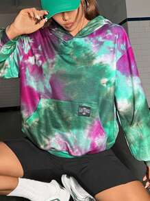 SHEIN EZwear 紮染字母補丁細節落肩袖連帽衫 - 彩色 - 查看 4