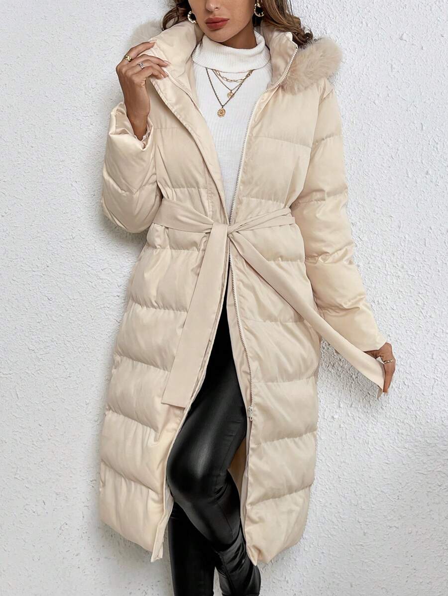 SHEIN Frenchy 女士纯色拉链前毛绒边缘连帽腰带加厚外套 - 杏色 - 查看 1