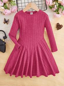 SHEIN Cô gái Tween Chất rắn Đồ đan Ribbed Viền lấp lánh Đầm - Màu Hồng Tươi - Xem 1
