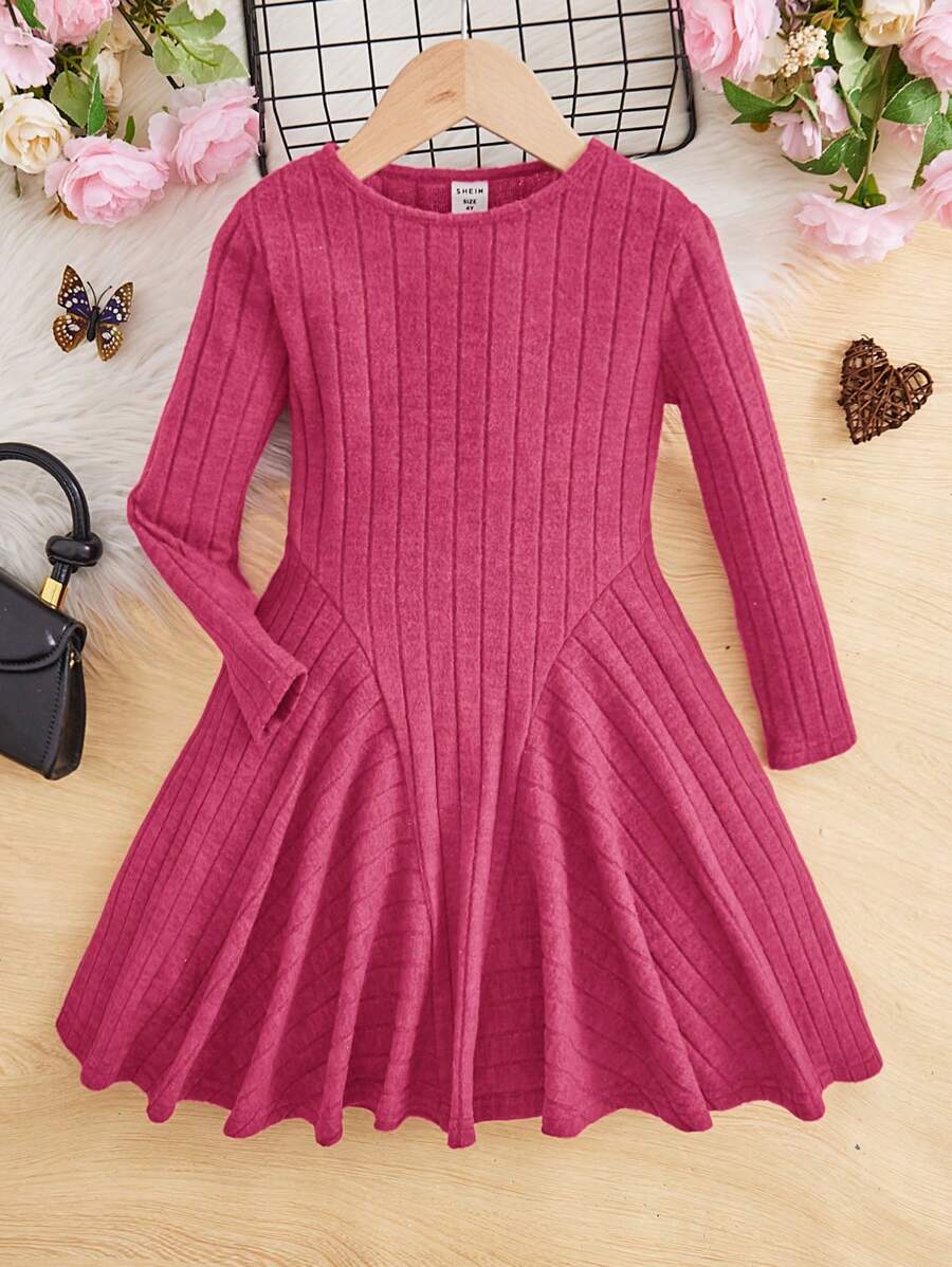 SHEIN Cô gái Tween Chất rắn Đồ đan Ribbed Viền lấp lánh Đầm - Màu Hồng Tươi - Xem 1