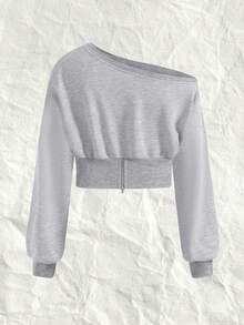 SHEIN EZwear Hơn Cổ không đối xứng Thả vai Áo nỉ - Màu Xám nhạt - Xem 2