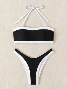SHEIN Swim Bộ bikini dây đeo vai mảnh và đen trắng đi biển mùa hè (Dây đeo có thể tháo rời) - Đen và trắng - Xem 8
