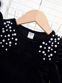 SHEIN 少女短毛絨圓領羊肚袖上衣和針織犬牙紋寬鬆裙套裝 - 黑色 - 查看 7