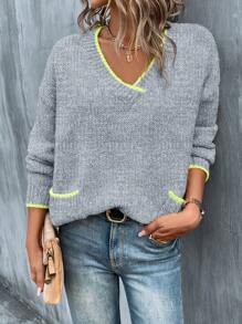 SHEIN LUNE Color Block Ribbed Edge Drop-shoulder Sweater With Double Pockets - Light Grey - View 5