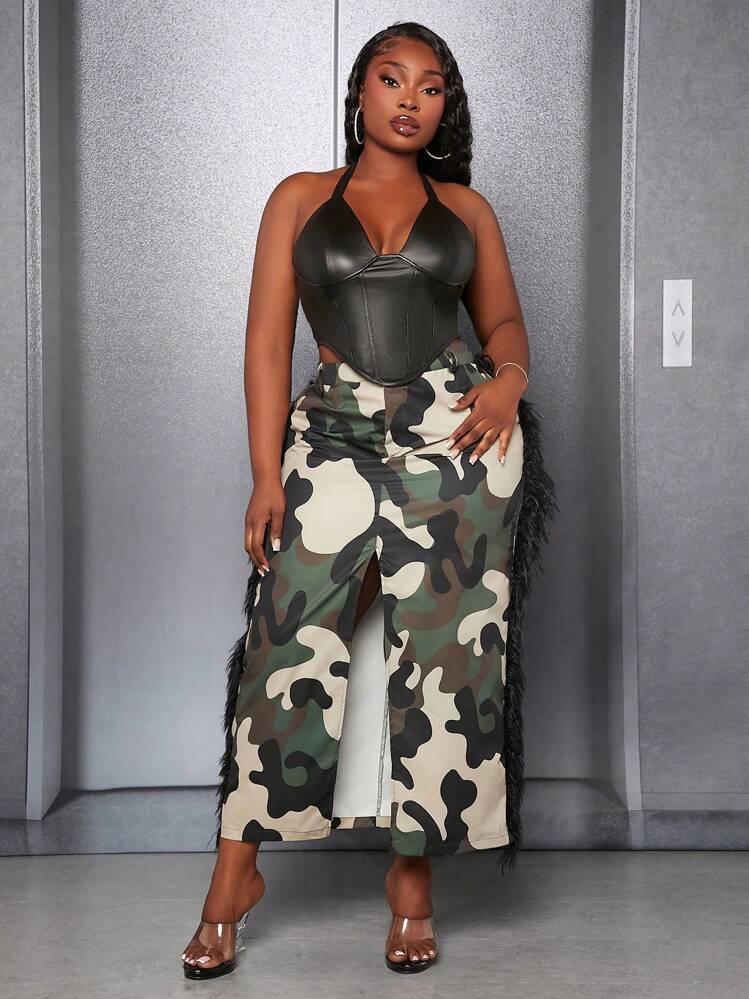 SHEIN Slayr Parte superior de halter de PU con bajo asimétrico para talla grande - Negro - Añade 4