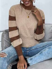 SHEIN Frenchy 條紋圖案燈籠袖套頭毛衣 - 卡其色 - 查看 4
