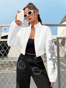 SHEIN EZwear 休閒口袋 拉鍊動物女士衛衣 - 白色 - 查看 5