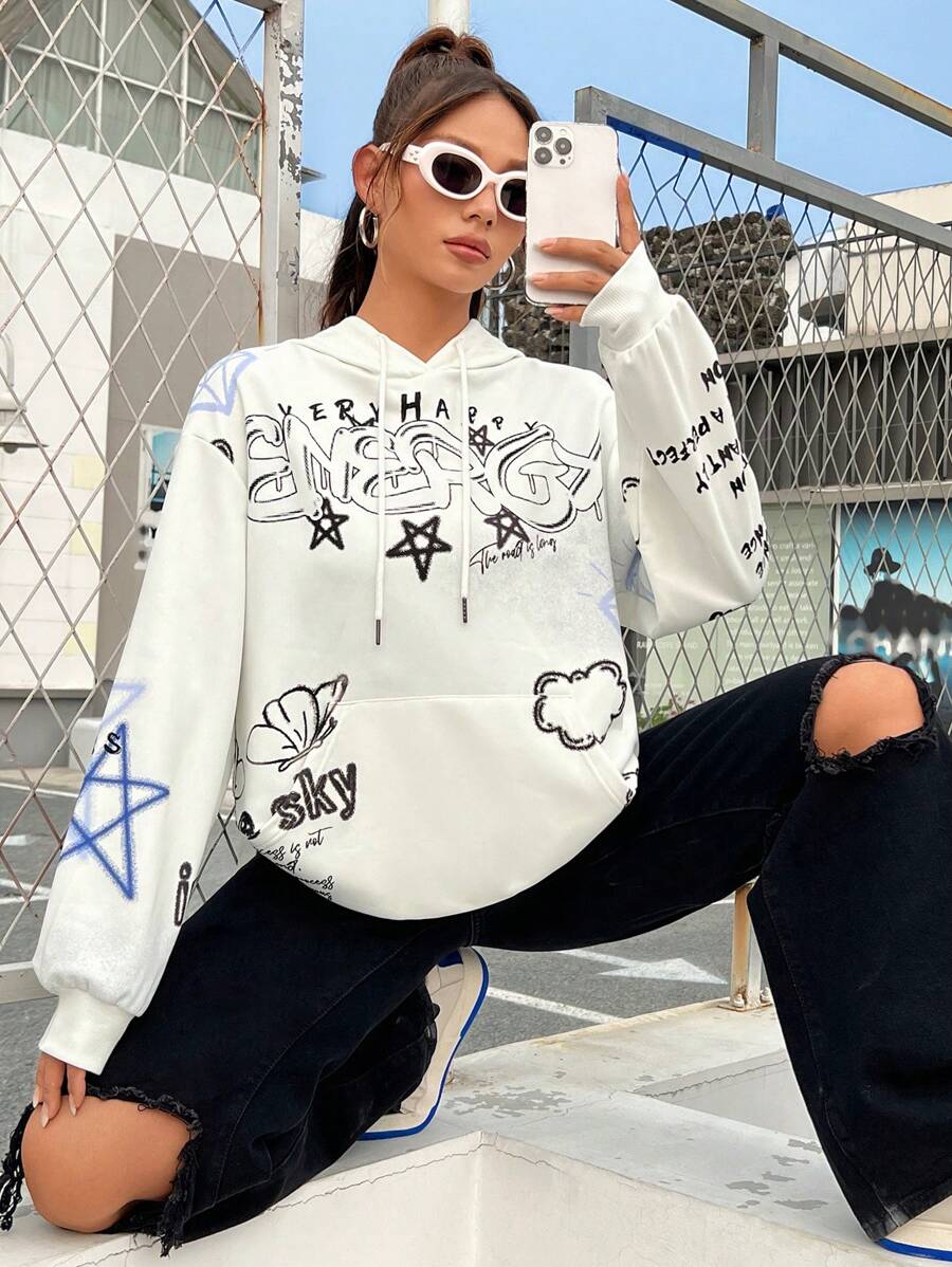 SHEIN EZwear 標語和卡通圖案袋鼠口袋落肩袖抽繩連帽衫 - 白色 - 查看 1