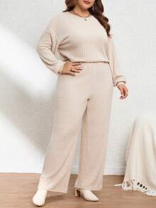 SHEIN Essnce Kích thước lớn Tay áo dài Sọc Áo liền quần - Màu be - Xem 5