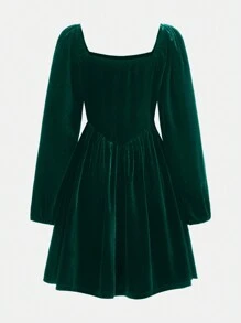 SHEIN 女童運動休閒絲絨淨色大方領長袖連衣裙 - 墨綠色 - 查看 2
